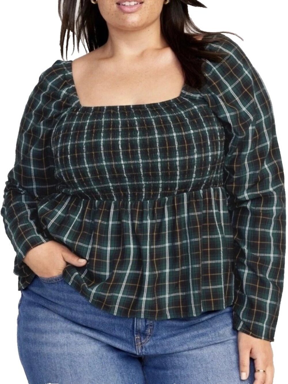 Old Navy Smocked Seersucker Top Plus 2X Plaid Peplum Preppy Academia Feminine